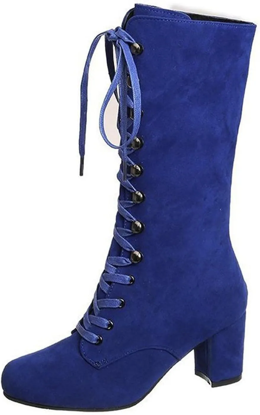 Yck-SAiWed Chunky Heel Boots for Women Vintage Medieval Victorian Boots Fall Winter Lace Up Mid Calf Boots Goth Steampunk Halloween Cosplay Costume