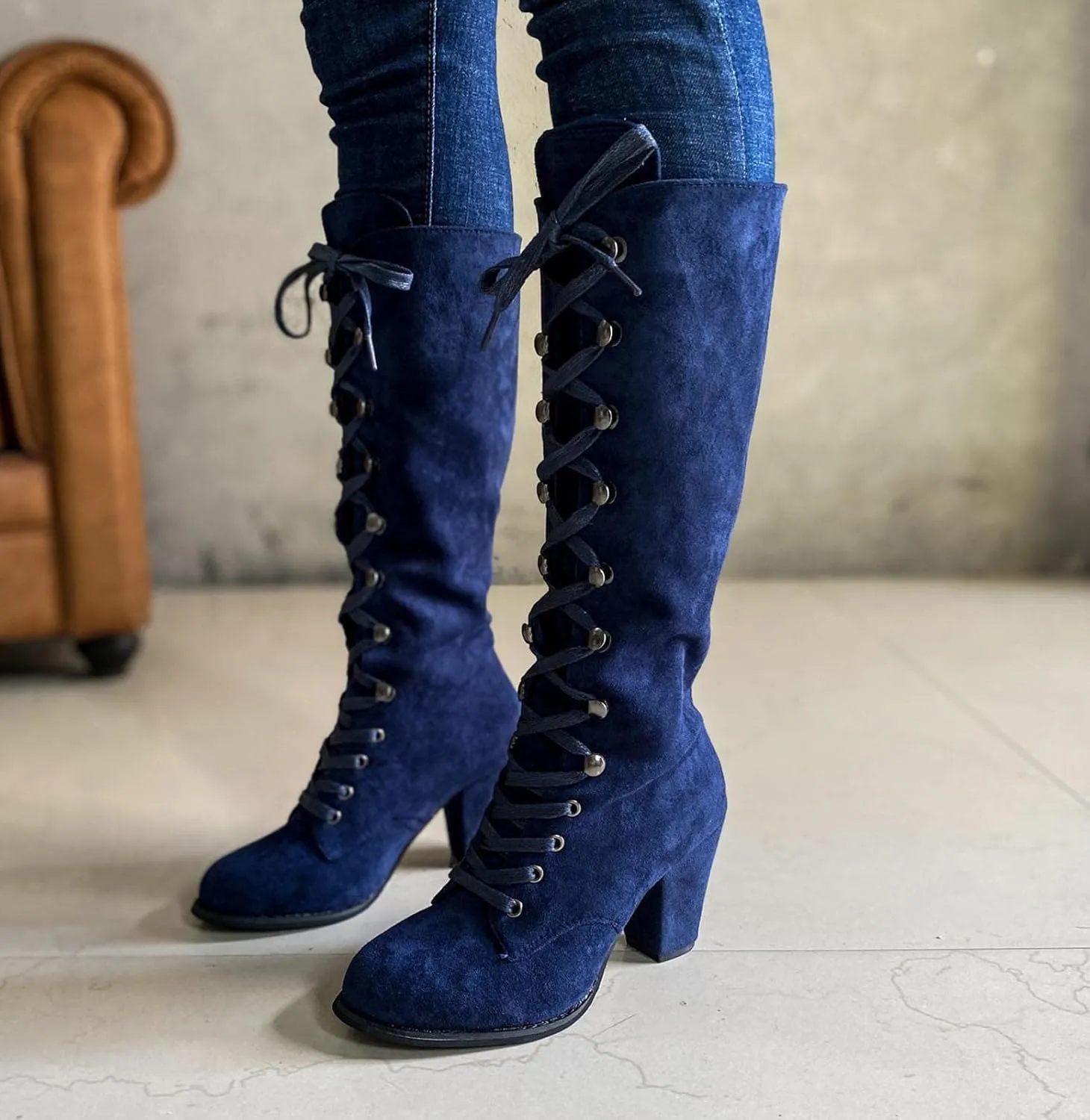 Yck-SAiWed Chunky Heel Boots for Women Vintage Medieval Victorian Boots Fall Winter Lace Up Mid Calf Boots Goth Steampunk Halloween Cosplay Costume