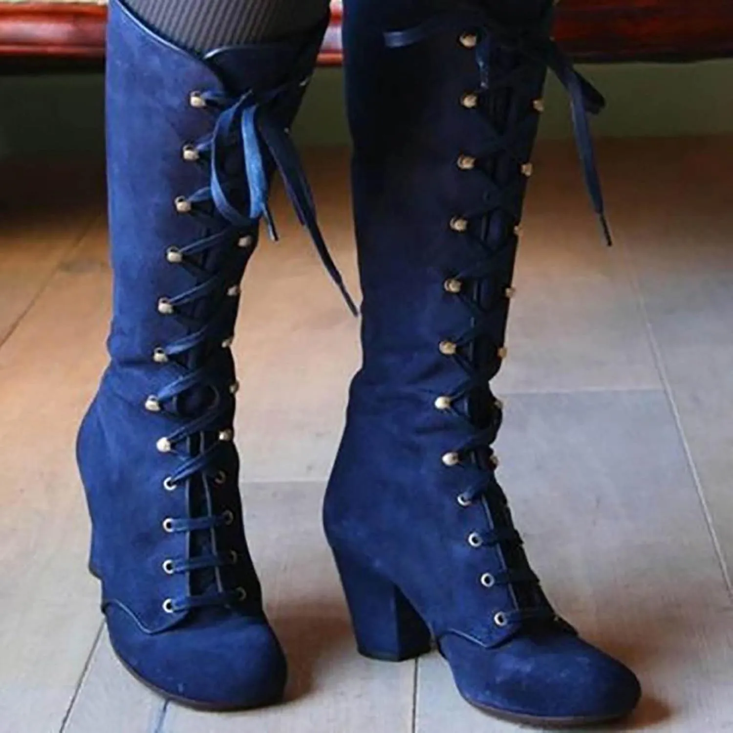 Yck-SAiWed Chunky Heel Boots for Women Vintage Medieval Victorian Boots Fall Winter Lace Up Mid Calf Boots Goth Steampunk Halloween Cosplay Costume