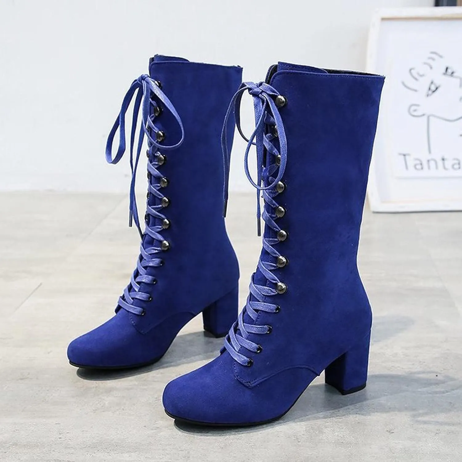 Yck-SAiWed Chunky Heel Boots for Women Vintage Medieval Victorian Boots Fall Winter Lace Up Mid Calf Boots Goth Steampunk Halloween Cosplay Costume