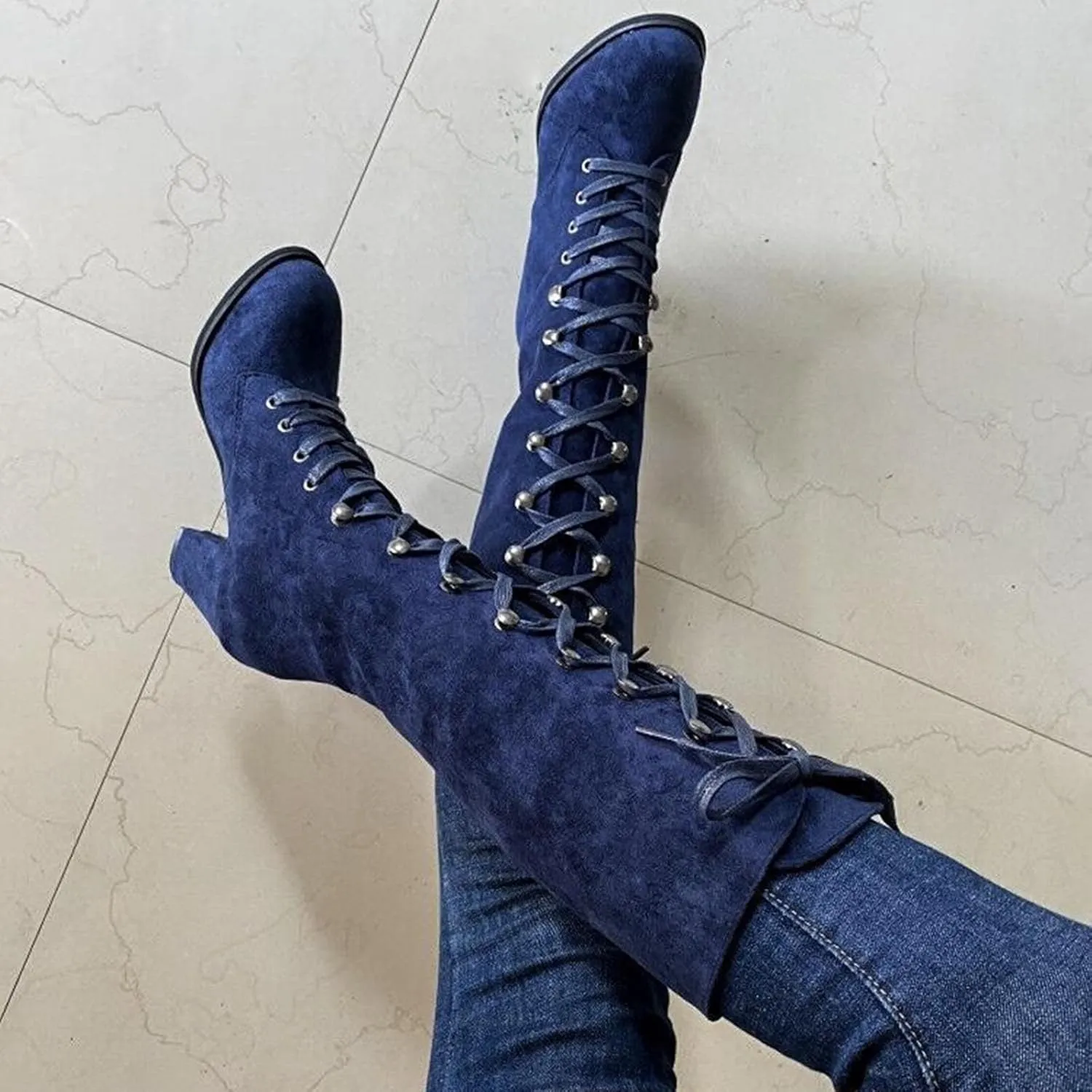 Yck-SAiWed Chunky Heel Boots for Women Vintage Medieval Victorian Boots Fall Winter Lace Up Mid Calf Boots Goth Steampunk Halloween Cosplay Costume